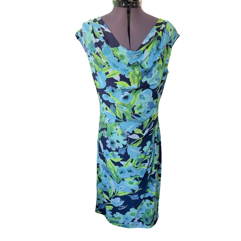 Lauren Ralph Lauren Floral Print Cowl Neck Sheath Dress Women Size 10 Blue Green